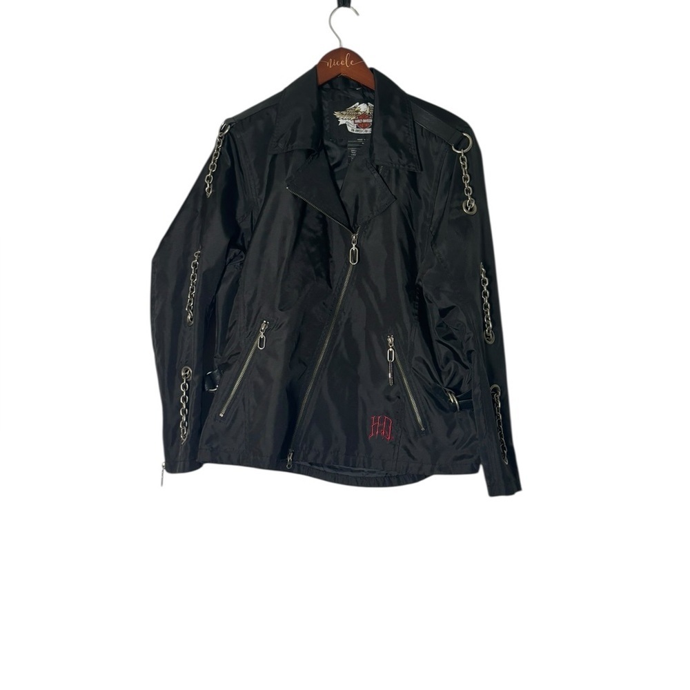 VTG Harley Davidson Women 1X Black Motorcycle Biker Jacket Chain Link Embroider